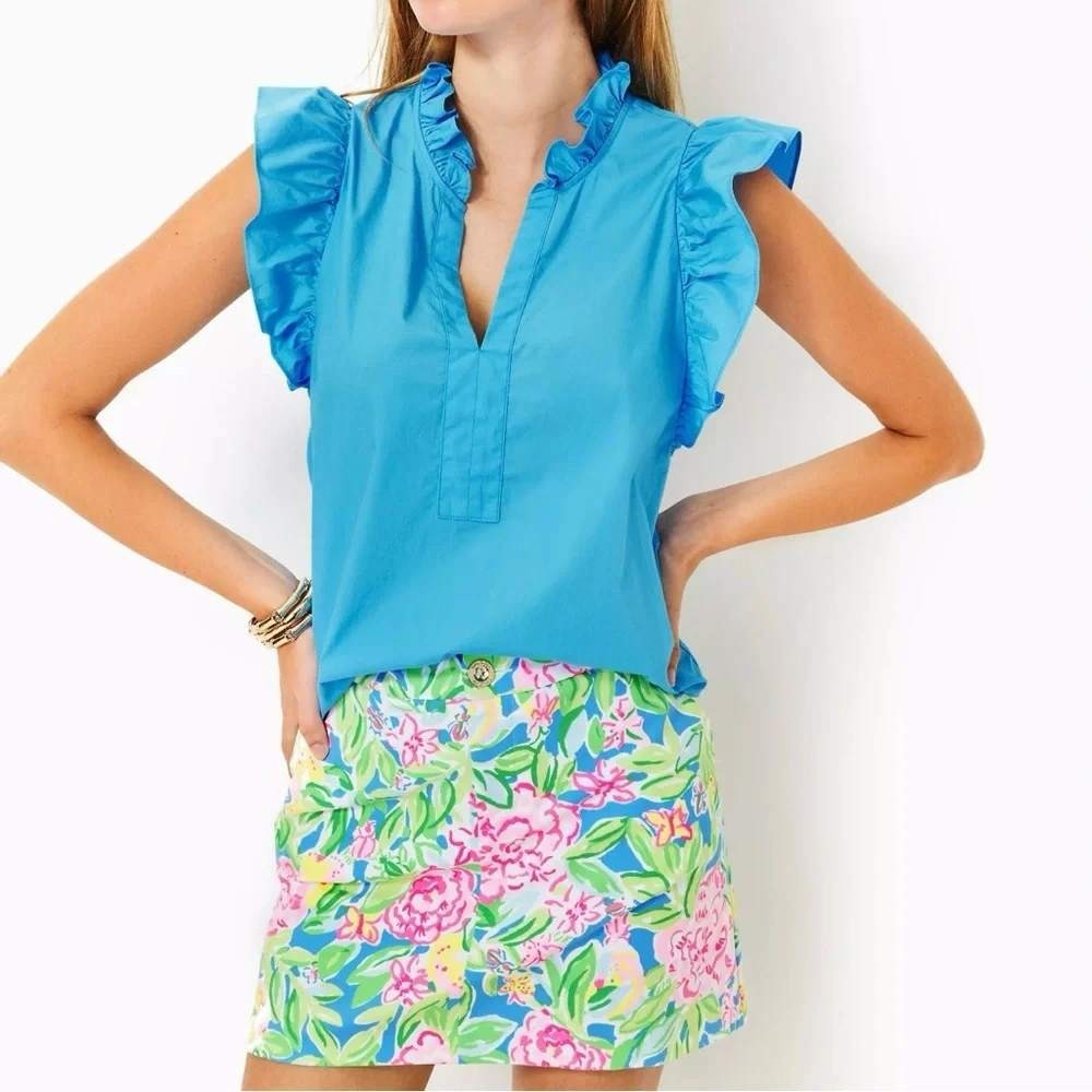Lilly Pulitzer Klaudie Ruffle Sleeve Cotton Top Blue Size XS